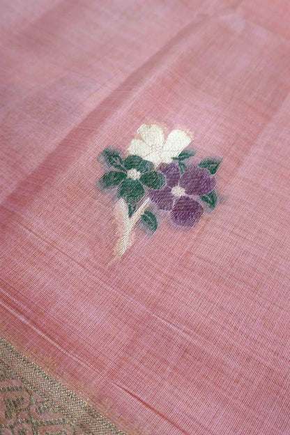 Pink Soft Bengal Cotton Bird Trails Pallu Zari Border Saree