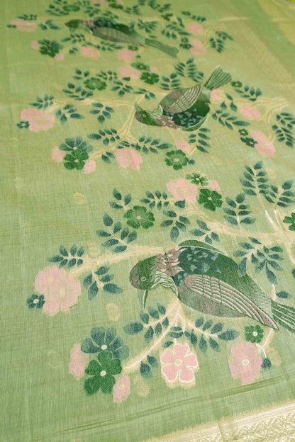 Green Soft Bengal Cotton Bird Trails Saree