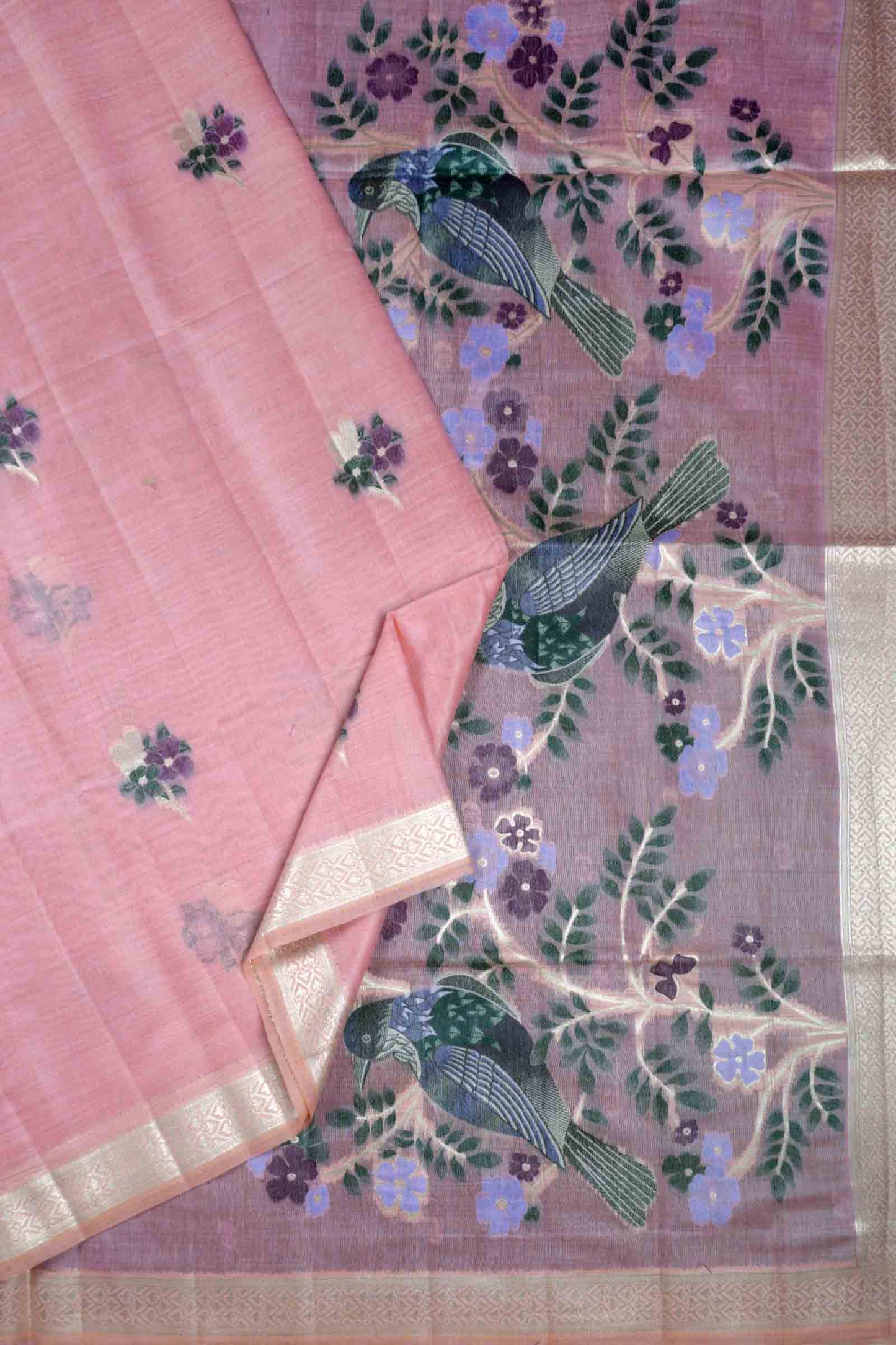 Pink Soft Bengal Cotton Bird Trails Pallu Zari Border Saree