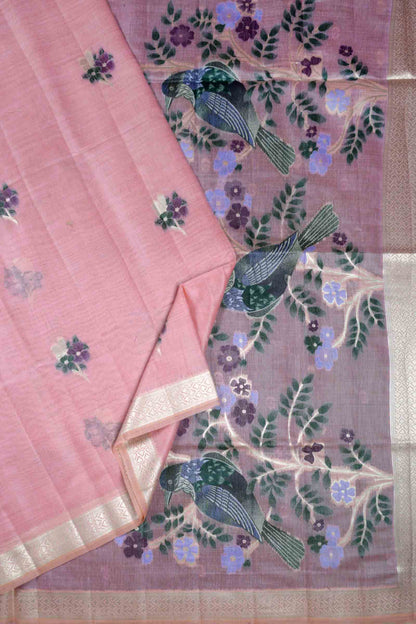 Pink Soft Bengal Cotton Bird Trails Pallu Zari Border Saree