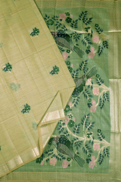 Green Soft Bengal Cotton Bird Trails Saree