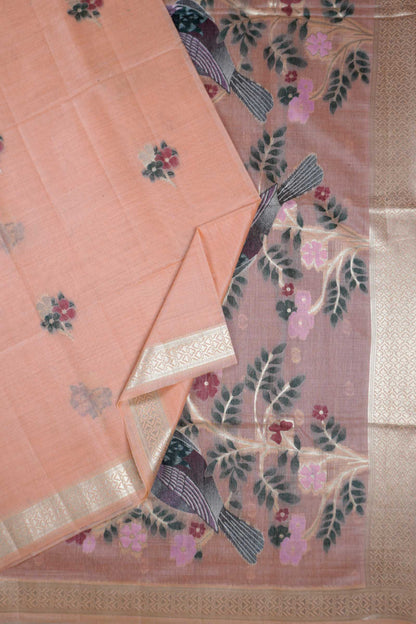 Light Pink Soft Bengal Cotton Bird Trail Pallu Zari Border Saree