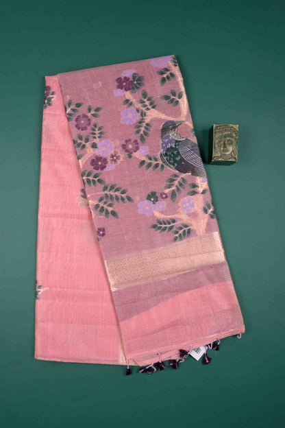 Pink Soft Bengal Cotton Bird Trails Pallu Zari Border Saree