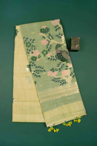 Green Soft Bengal Cotton Bird Trails Saree