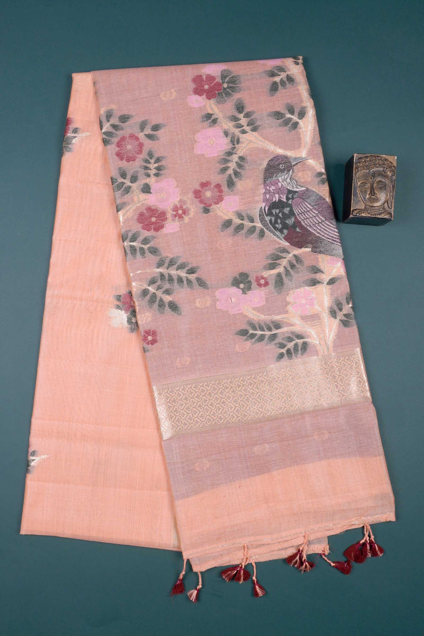 Light Pink Soft Bengal Cotton Bird Trail Pallu Zari Border Saree