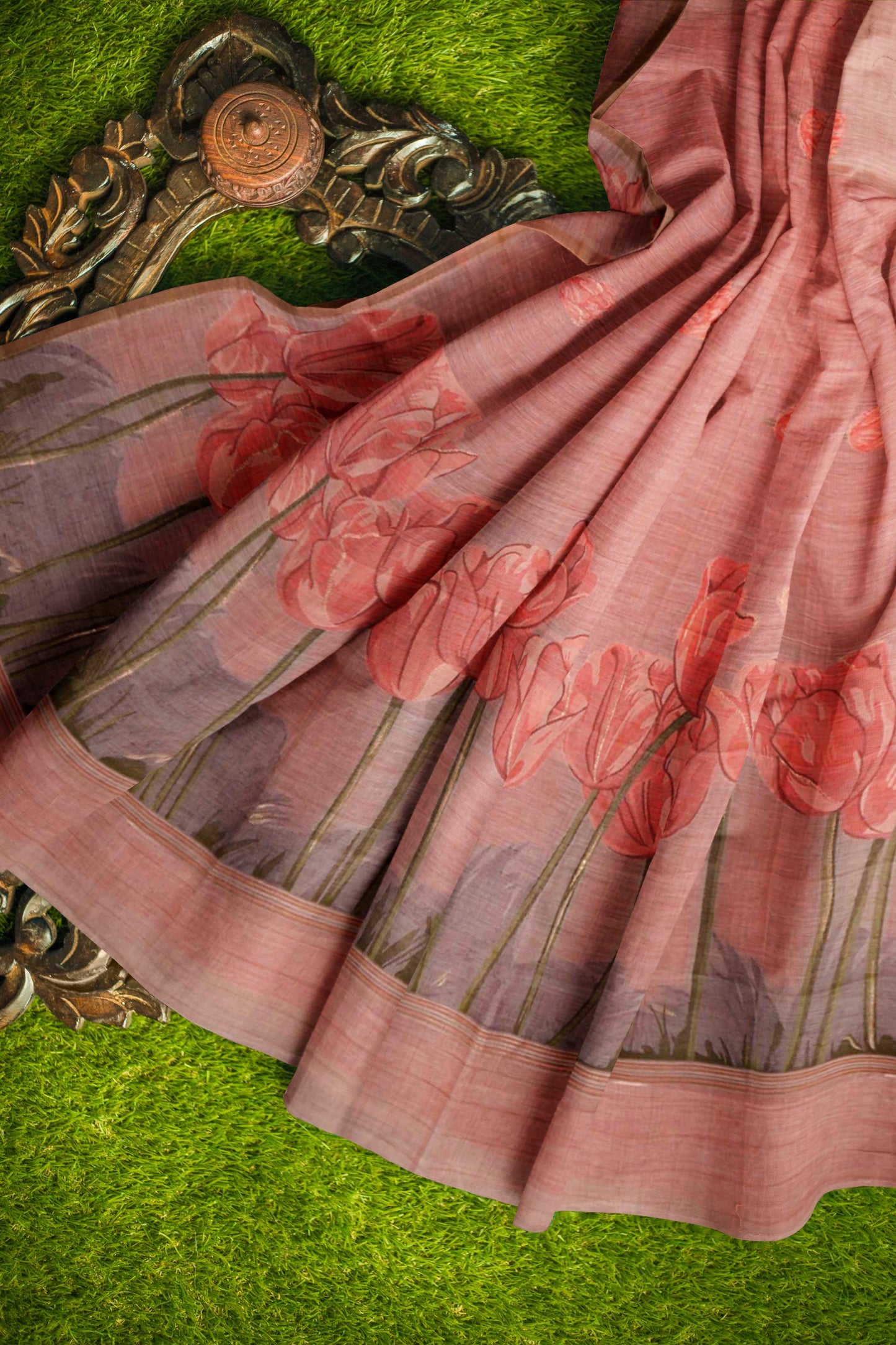 Light Pink Soft Bengal Cotton Tulip Garden Saree