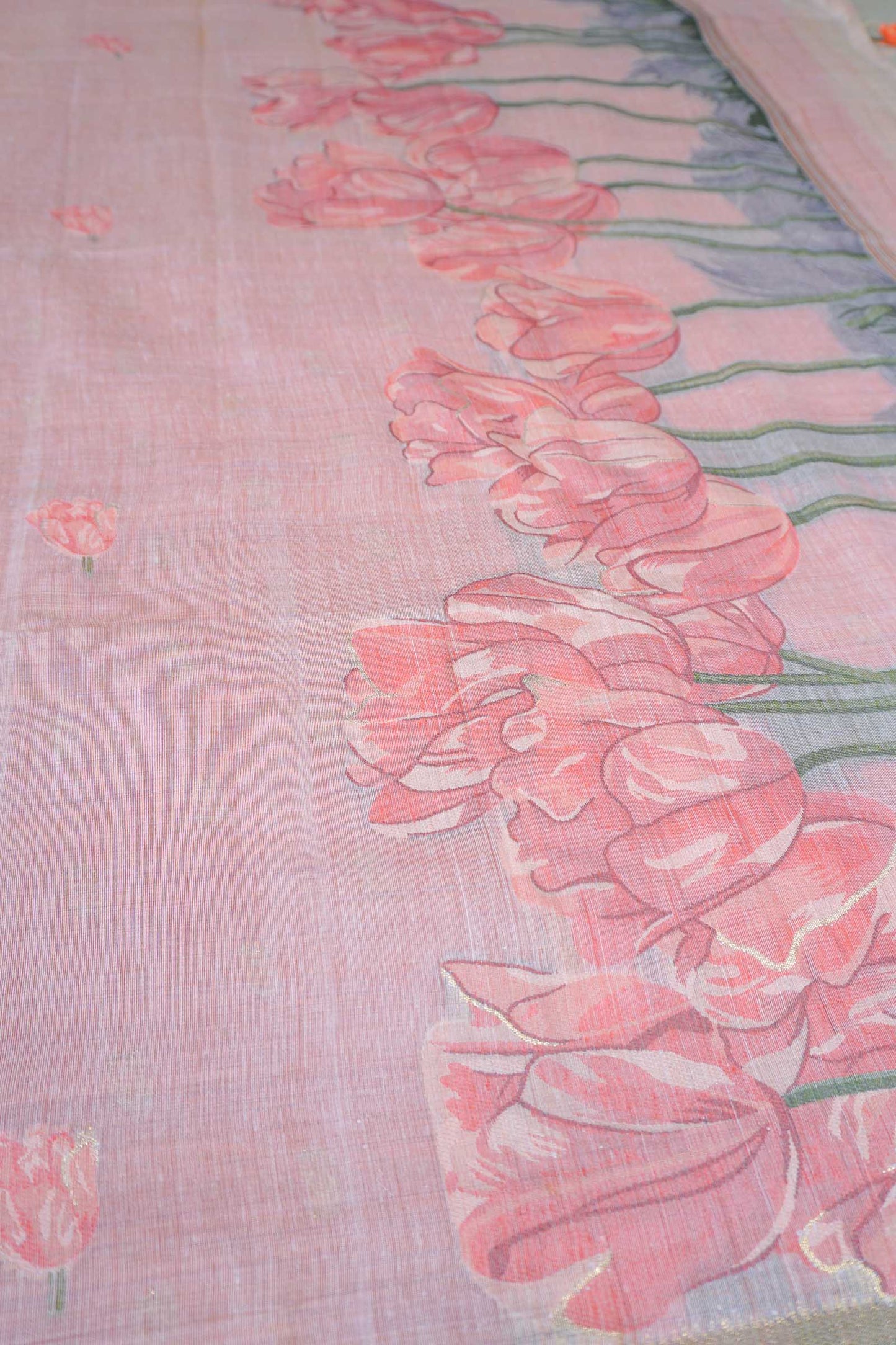 Light Pink Soft Bengal Cotton Tulip Garden Saree