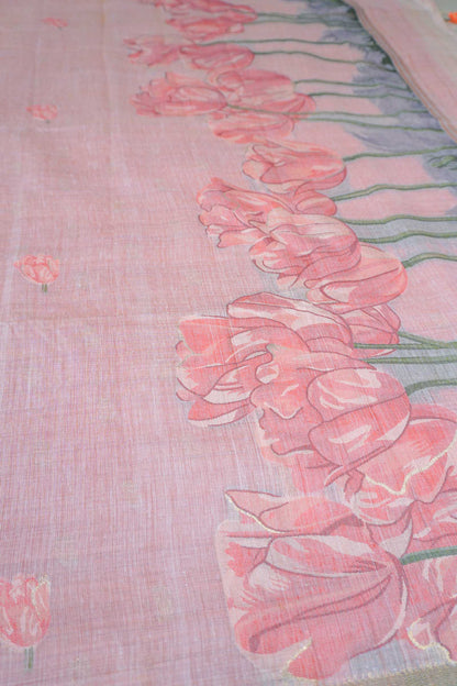 Light Pink Soft Bengal Cotton Tulip Garden Saree