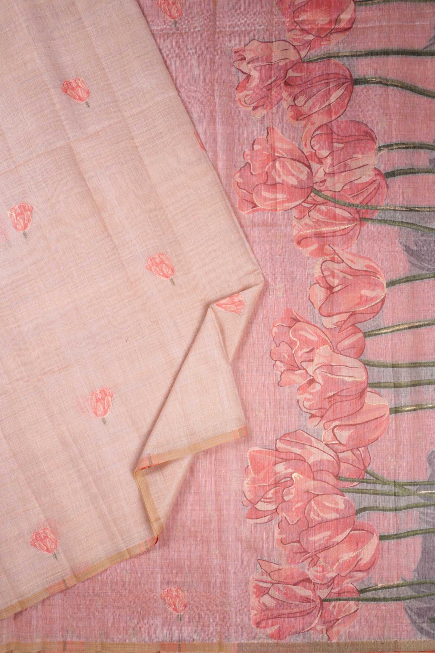 Light Pink Soft Bengal Cotton Tulip Garden Saree