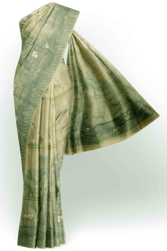 Green Soft Bengal Cotton Flora Fauna Landscape Saree