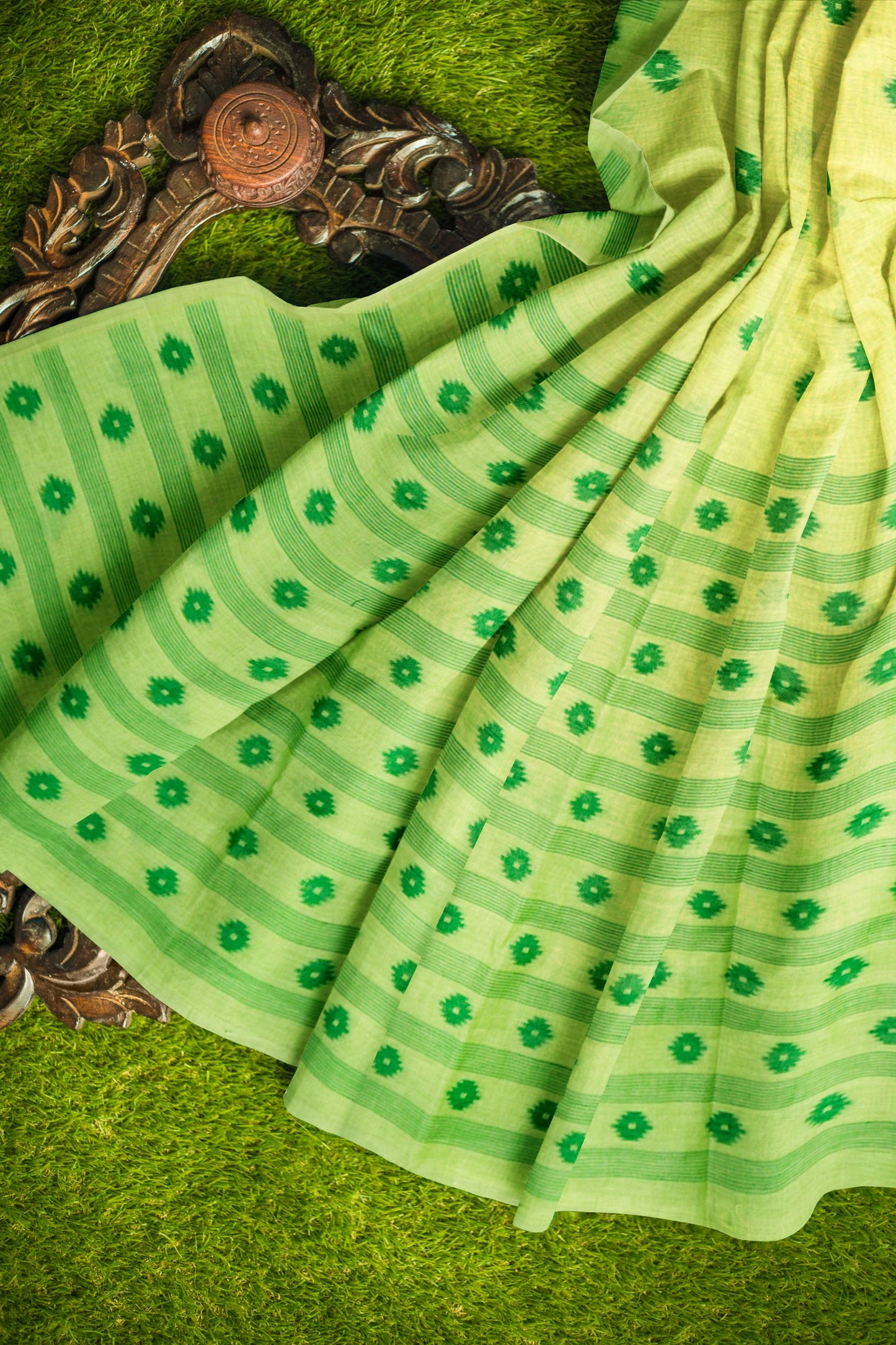 Light Green Soft Bengal Cotton Contrast Mini Butta Saree