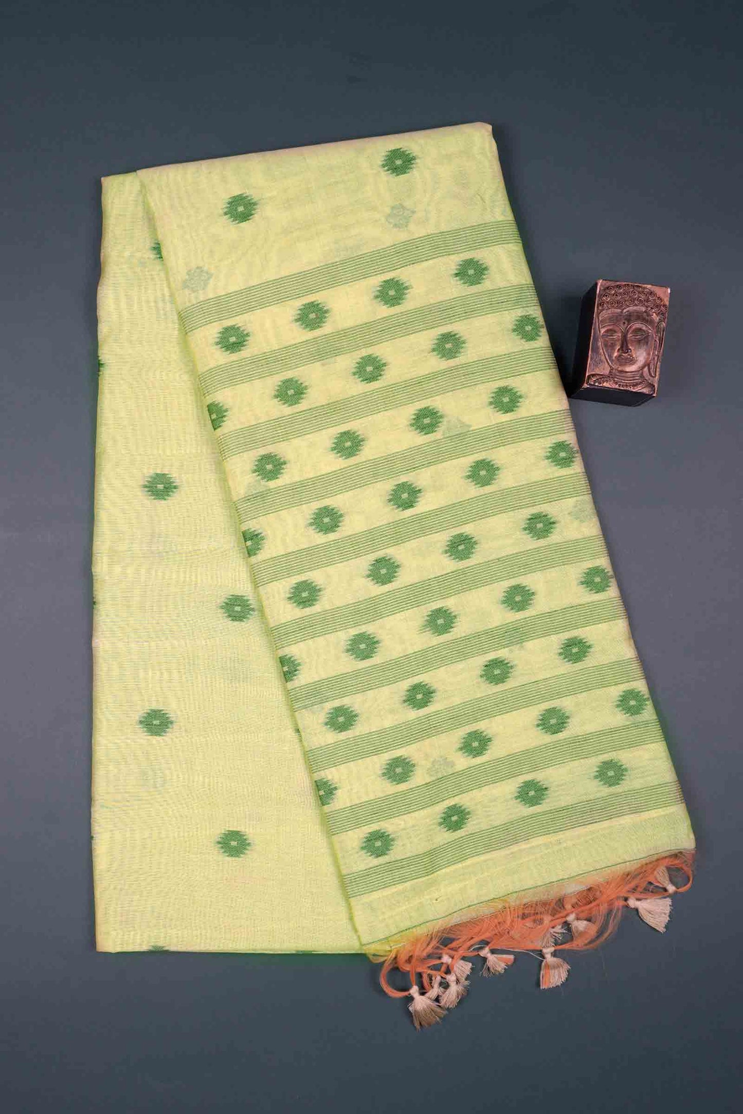 Light Green Soft Bengal Cotton Contrast Mini Butta Saree