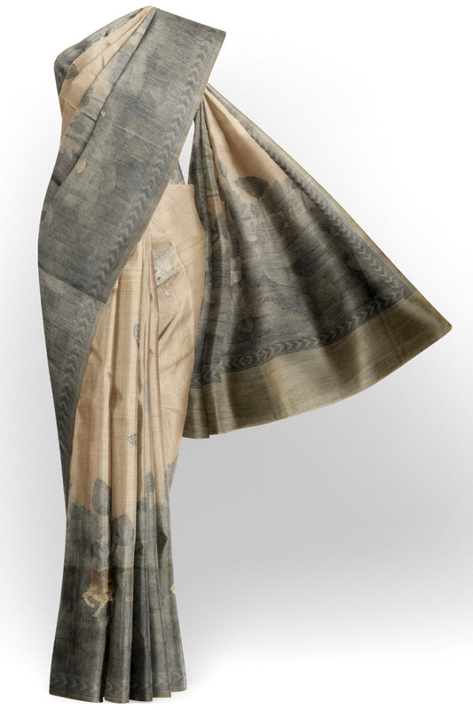Dark Sandal With Grey Soft Bengal Cotton Pichwai Theme Saree