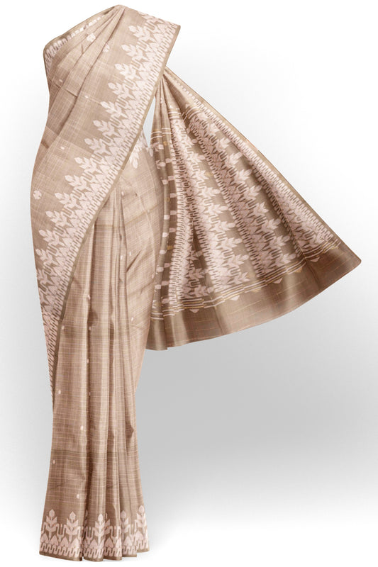Light Brown Soft Bengal Cotton Mini Checks Jamdani Style Pallu Saree