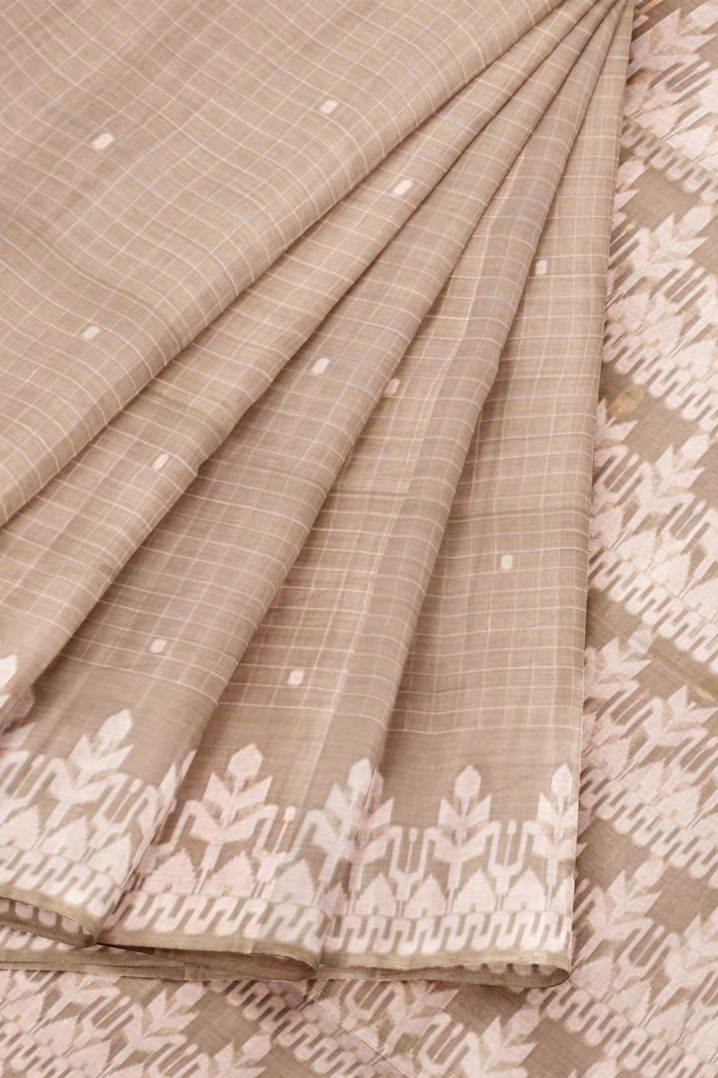 Light Brown Soft Bengal Cotton Mini Checks Jamdani Style Pallu Saree