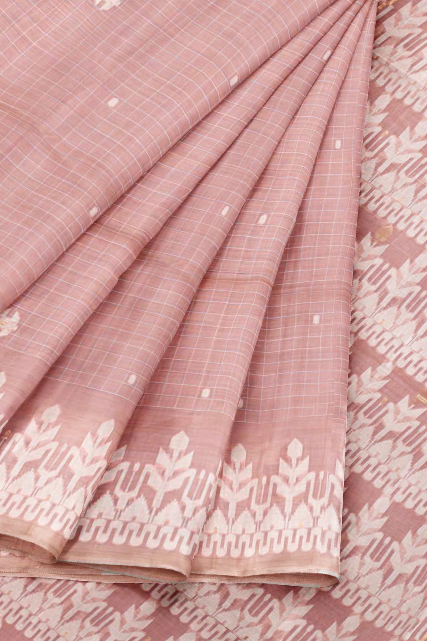 Light Pink Soft Bengal Cotton Mini Checks Jamdani Style Pallu Saree