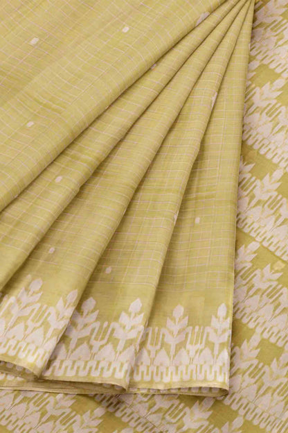 Light Green Soft Bengal Cotton Mini Checks Jamdani Style Pallu Saree