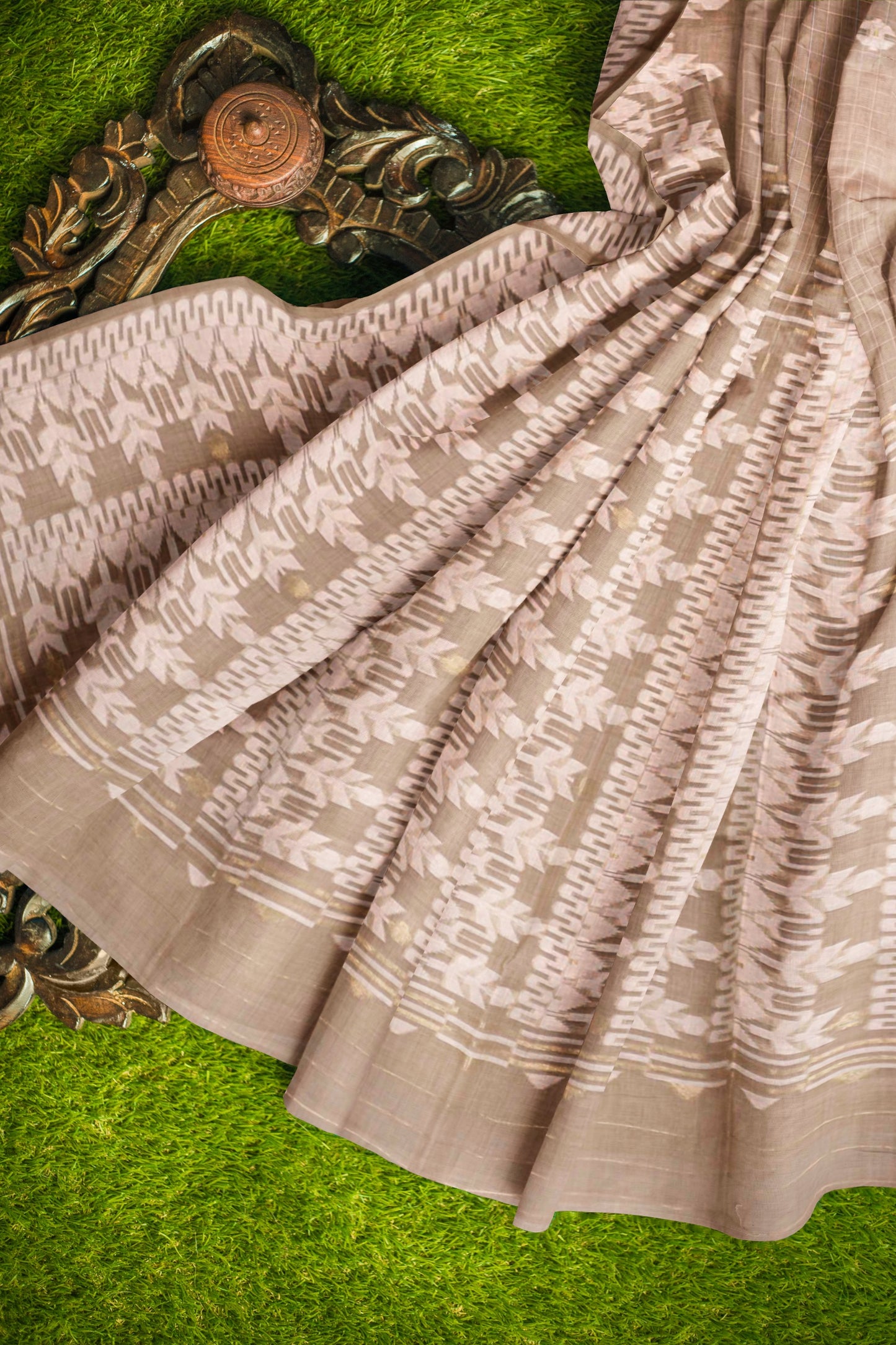 Light Brown Soft Bengal Cotton Mini Checks Jamdani Style Pallu Saree