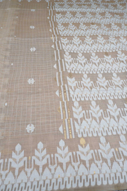 Light Brown Soft Bengal Cotton Mini Checks Jamdani Style Pallu Saree