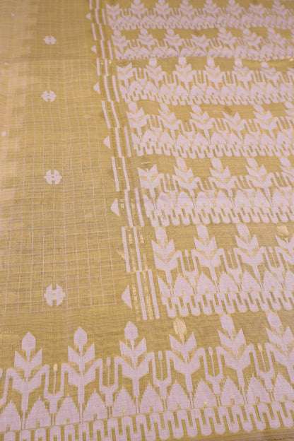 Light Green Soft Bengal Cotton Mini Checks Jamdani Style Pallu Saree