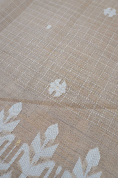 Light Brown Soft Bengal Cotton Mini Checks Jamdani Style Pallu Saree