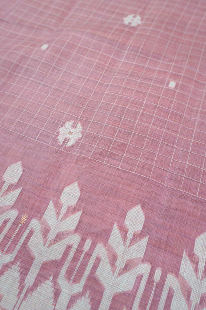 Light Pink Soft Bengal Cotton Mini Checks Jamdani Style Pallu Saree