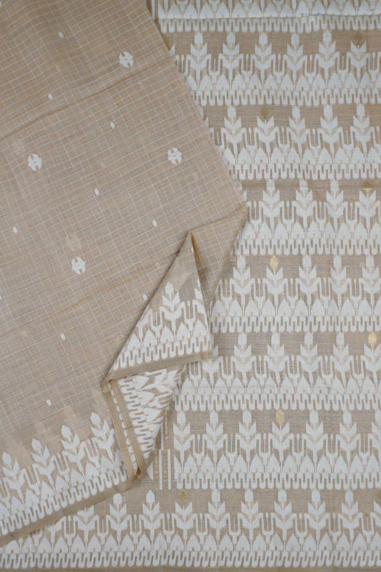 Light Brown Soft Bengal Cotton Mini Checks Jamdani Style Pallu Saree