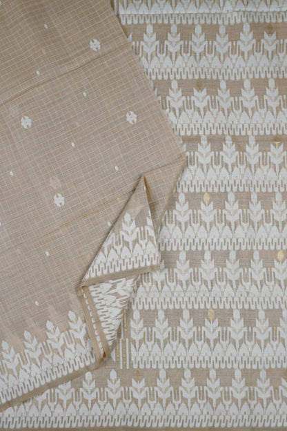 Light Brown Soft Bengal Cotton Mini Checks Jamdani Style Pallu Saree