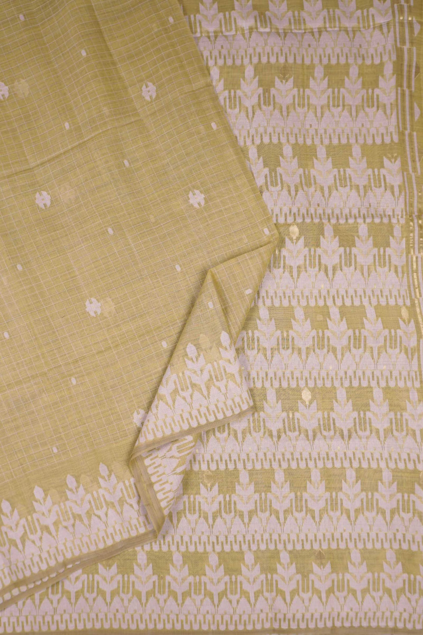 Light Green Soft Bengal Cotton Mini Checks Jamdani Style Pallu Saree