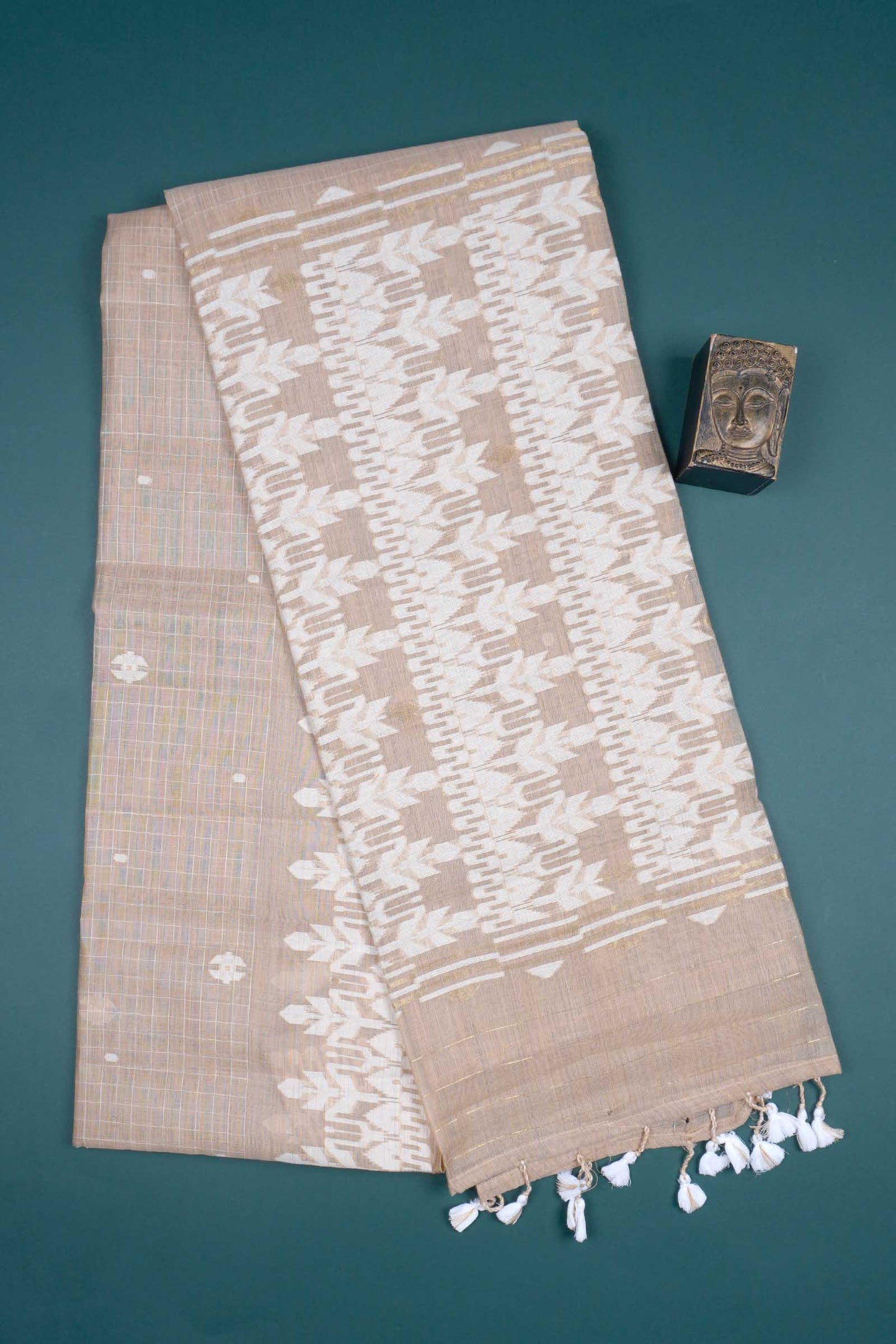 Light Brown Soft Bengal Cotton Mini Checks Jamdani Style Pallu Saree