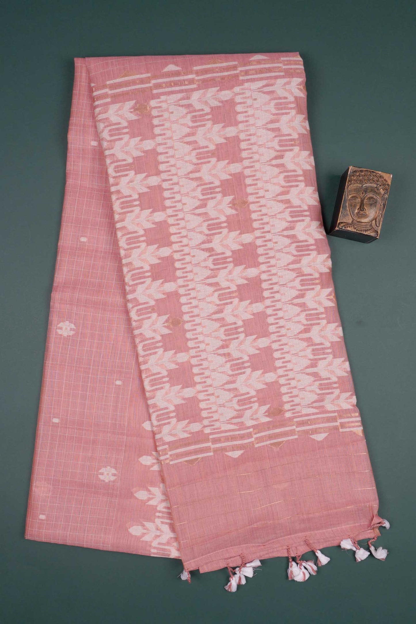 Light Pink Soft Bengal Cotton Mini Checks Jamdani Style Pallu Saree
