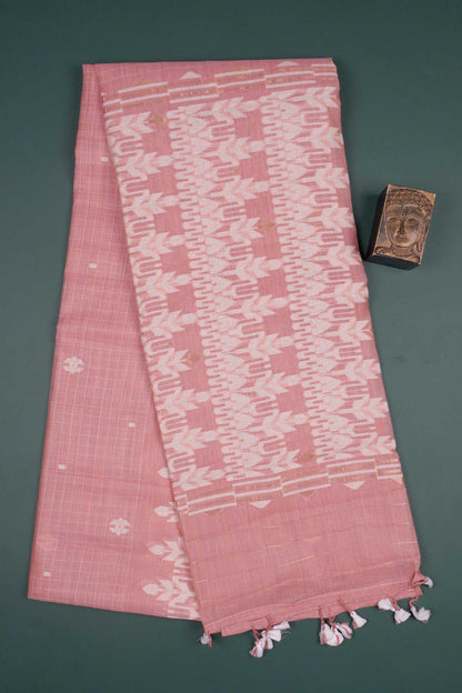 Light Pink Soft Bengal Cotton Mini Checks Jamdani Style Pallu Saree