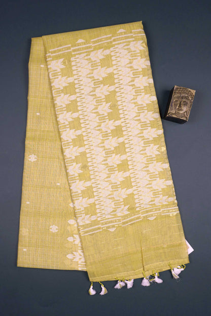 Light Green Soft Bengal Cotton Mini Checks Jamdani Style Pallu Saree