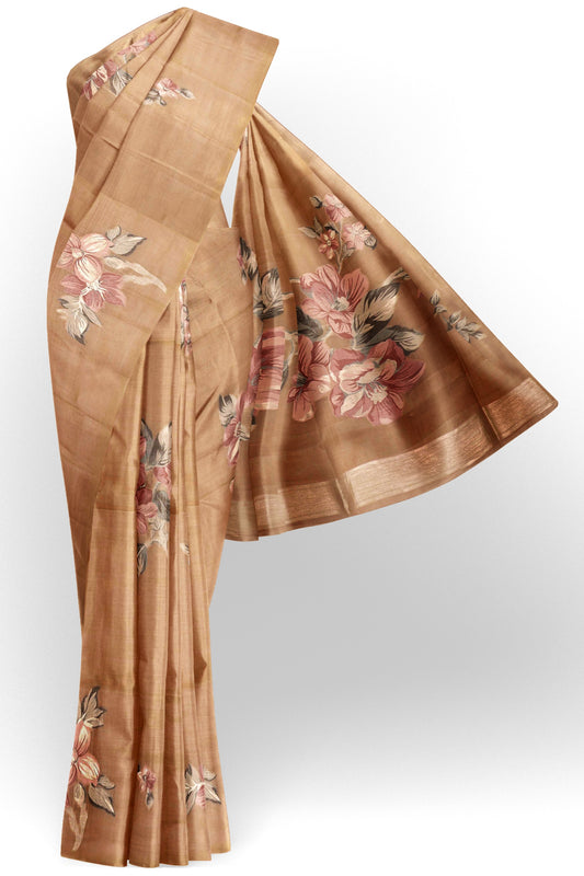 Dark Sandal Soft Bengal Cotton Floral Horizon Zari Pallu Saree