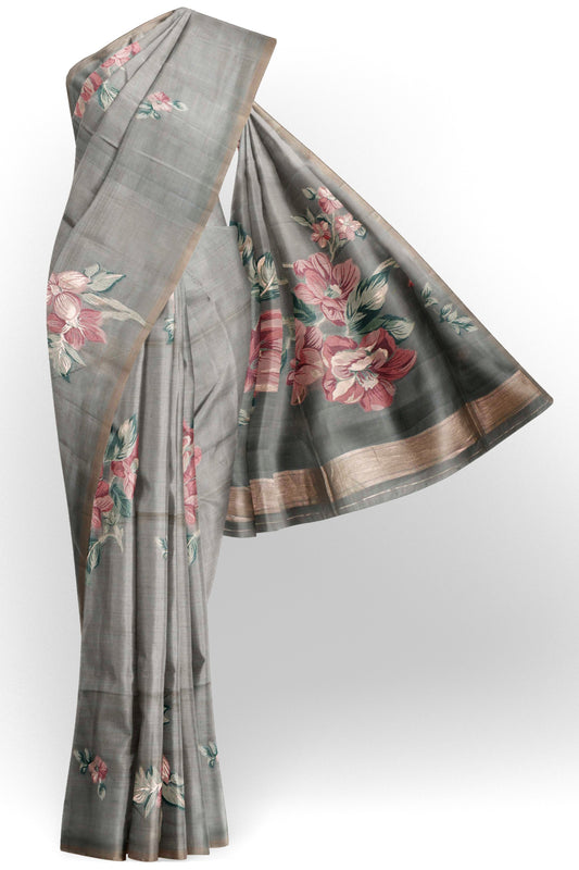 Dark Grey Soft Bengal Cotton Lush Bloom Saree