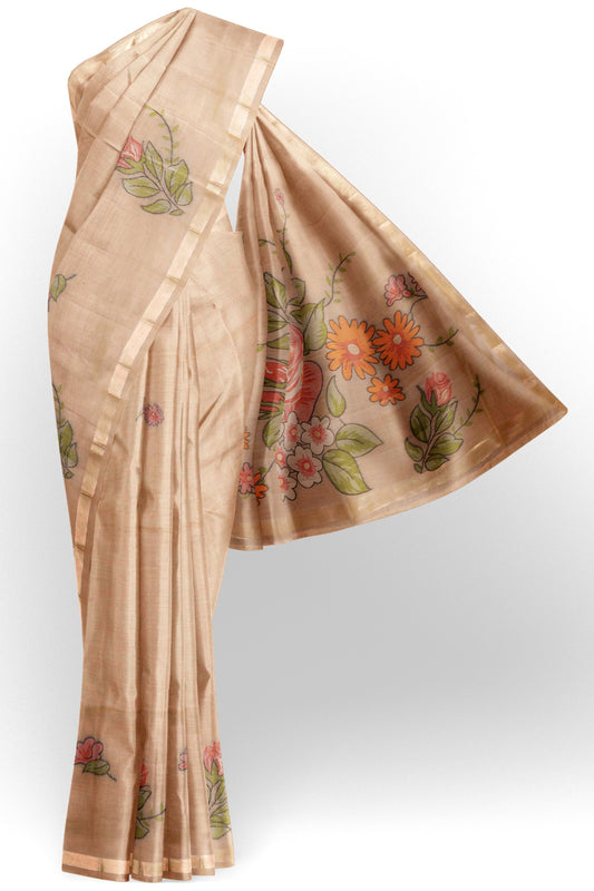 Sandal Soft Bengal Cotton Rose Garden Saree