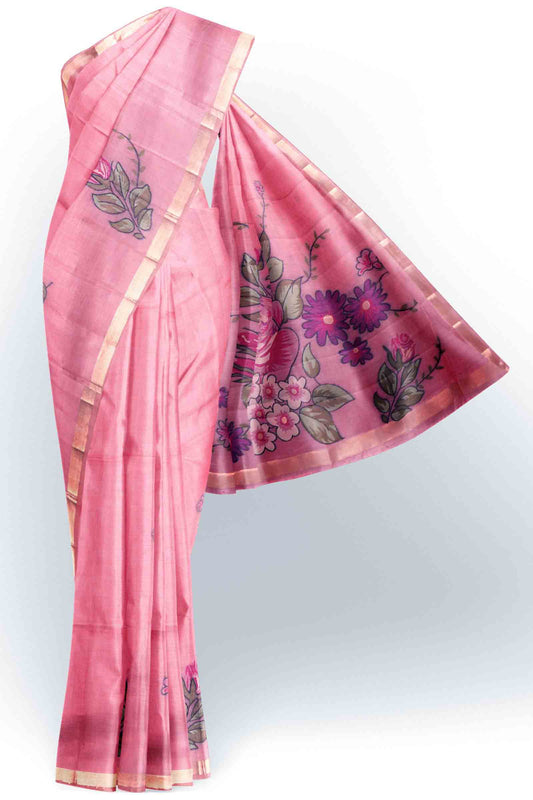 Pink Soft Bengal Cotton Pretty Pink Florals Saree