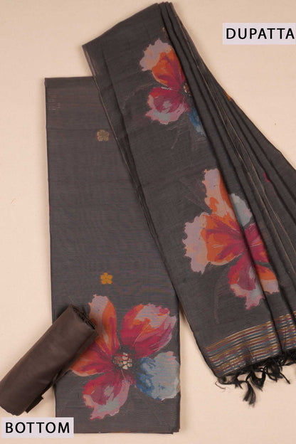 Deep Grey Pure Cotton Chudithar Material Floral Canvas Suit