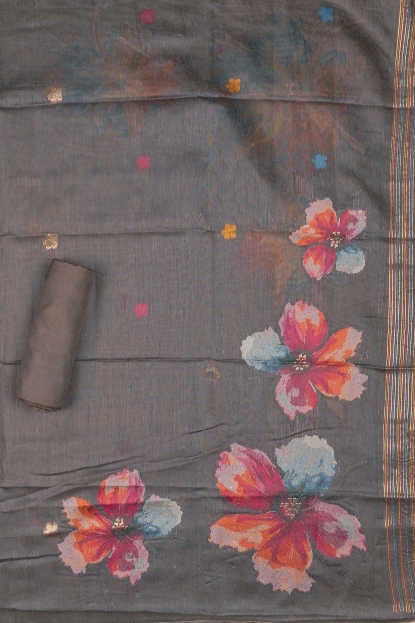 Deep Grey Pure Cotton Chudithar Material Floral Canvas Suit