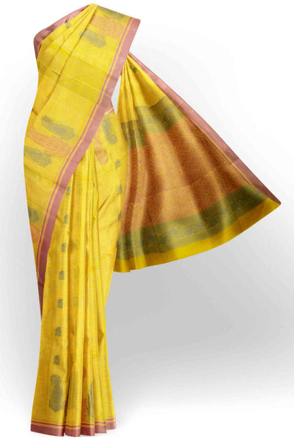 Yellow Green Pure South Cotton Paisley Butta Saree