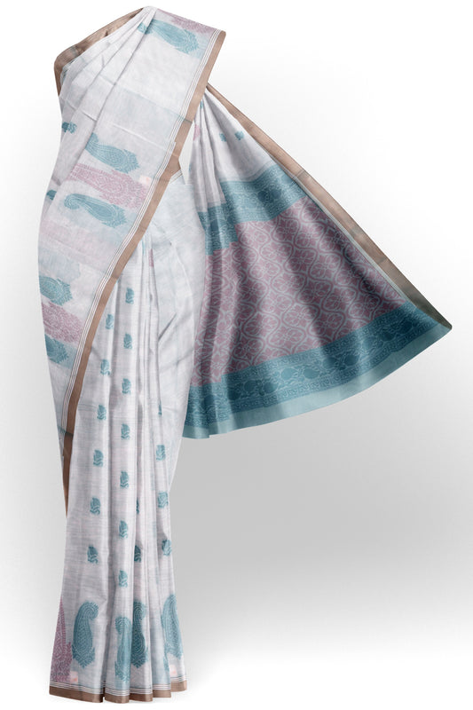Light Grey Pure South Cotton Paisley Butta Saree