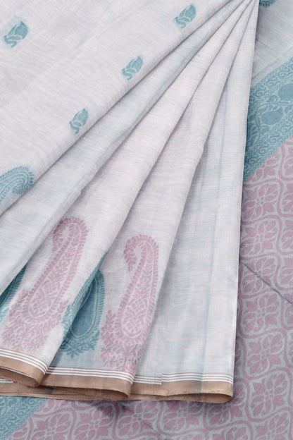 Light Grey Pure South Cotton Paisley Butta Saree
