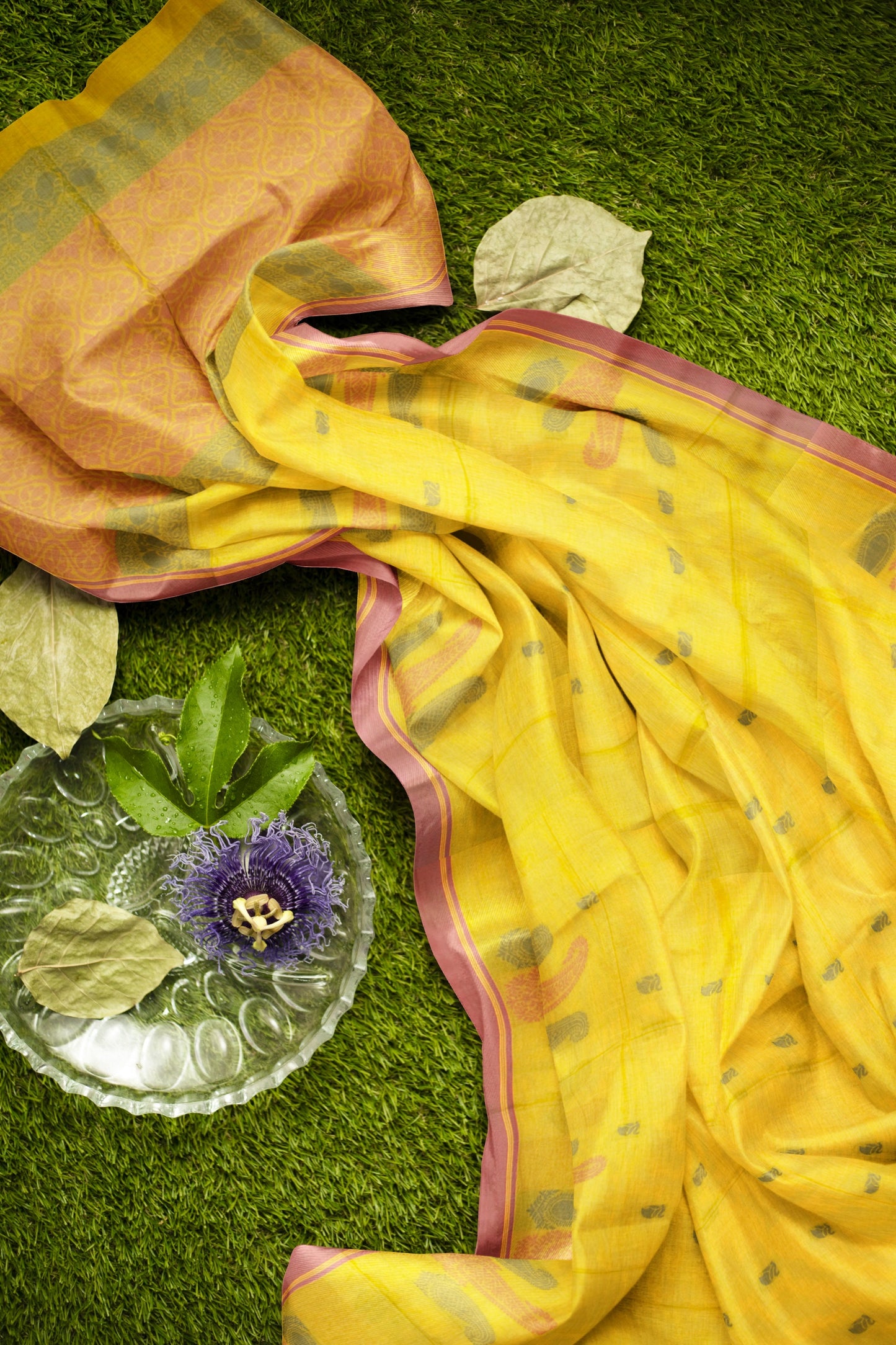 Yellow Green Pure South Cotton Paisley Butta Saree