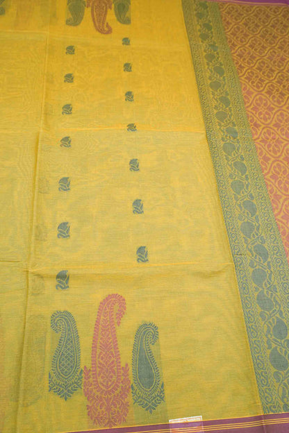 Yellow Green Pure South Cotton Paisley Butta Saree