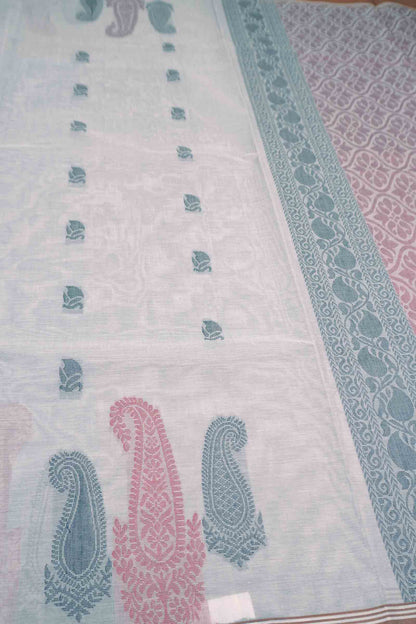 Light Grey Pure South Cotton Paisley Butta Saree