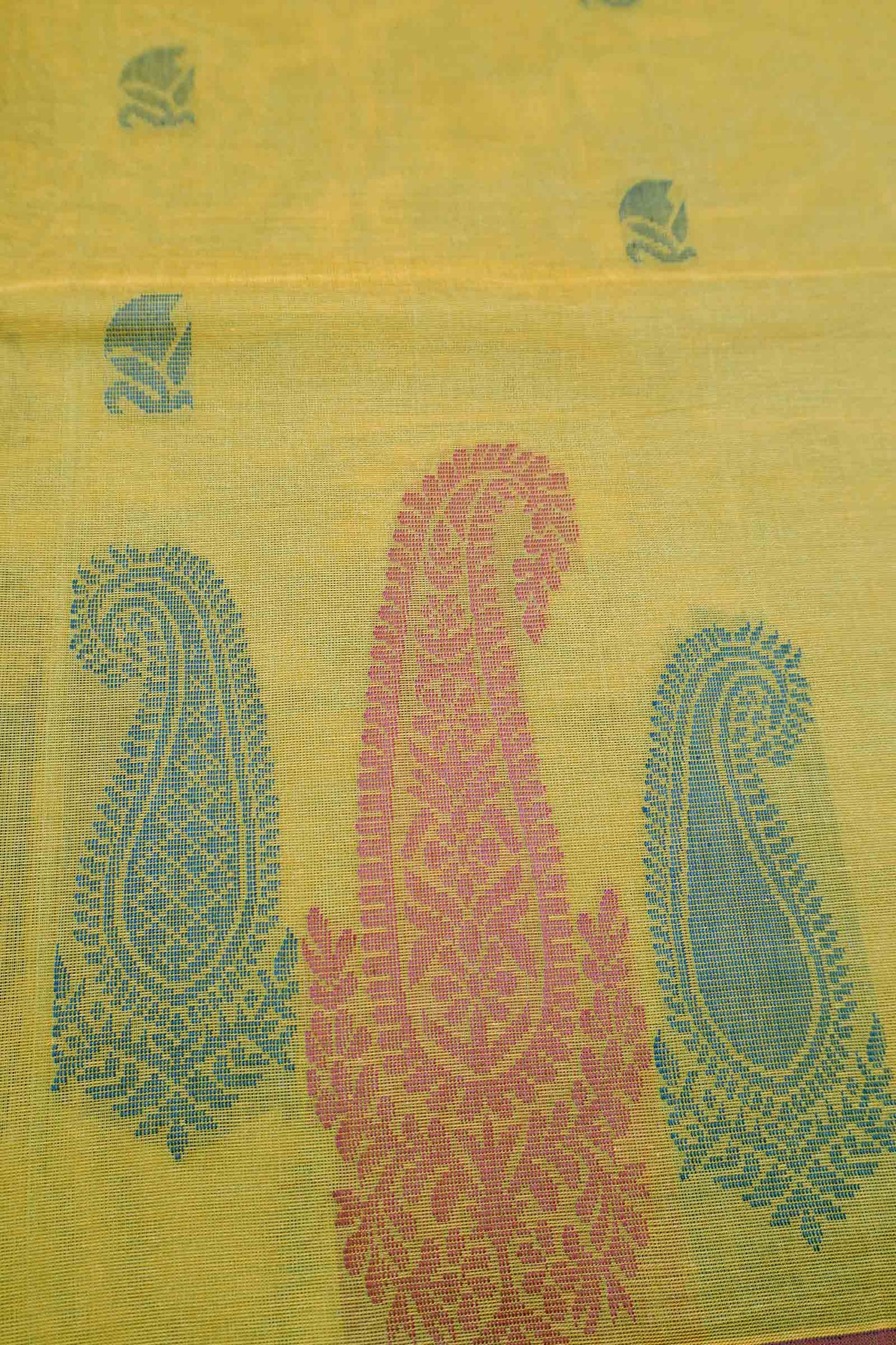 Yellow Green Pure South Cotton Paisley Butta Saree