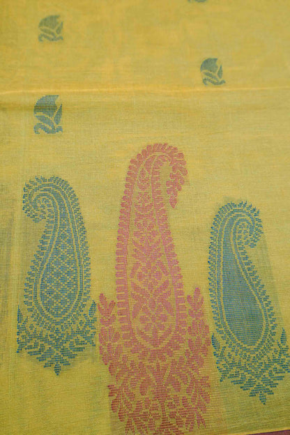 Yellow Green Pure South Cotton Paisley Butta Saree
