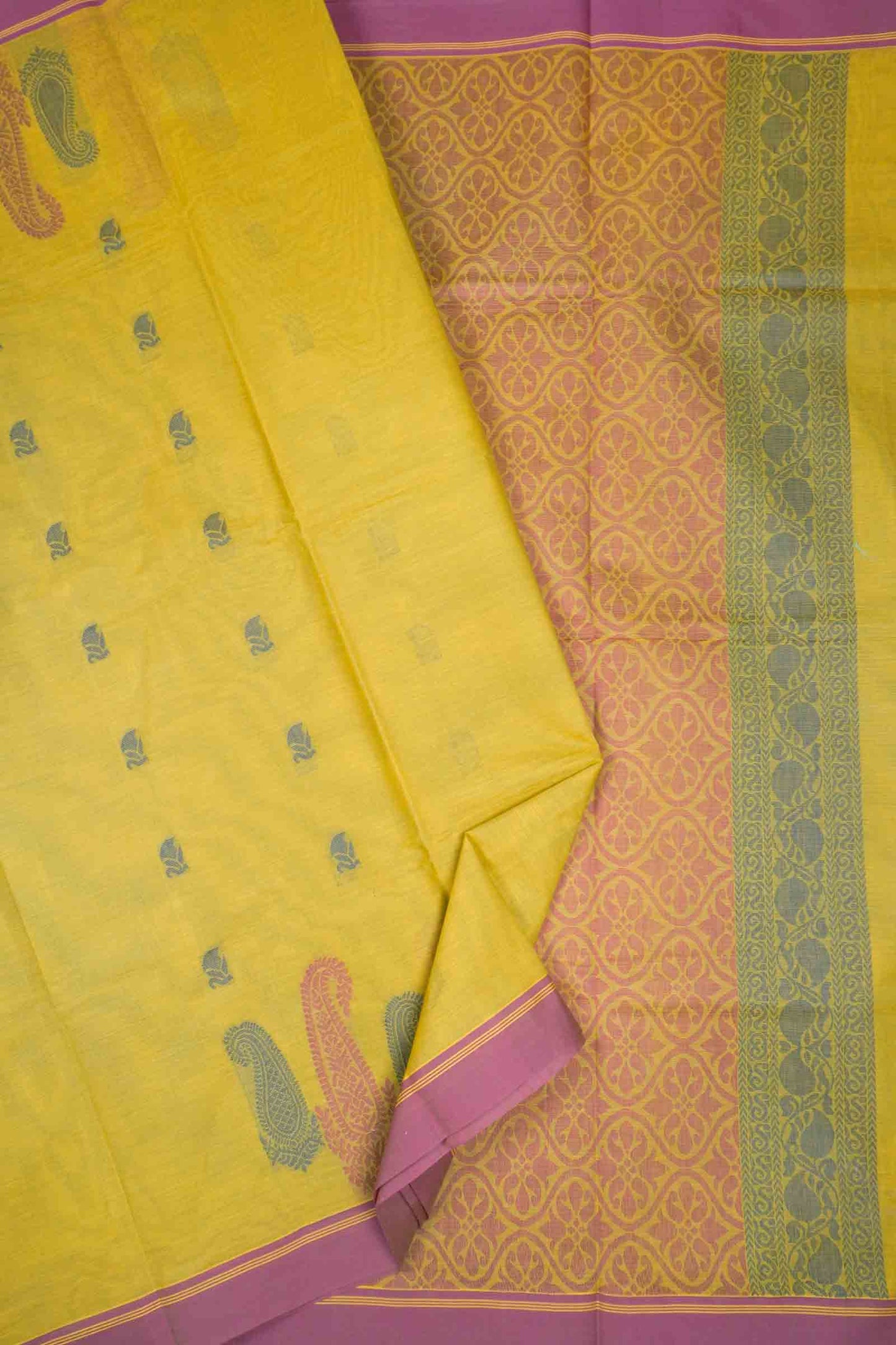 Yellow Green Pure South Cotton Paisley Butta Saree