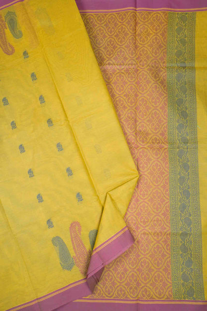 Yellow Green Pure South Cotton Paisley Butta Saree