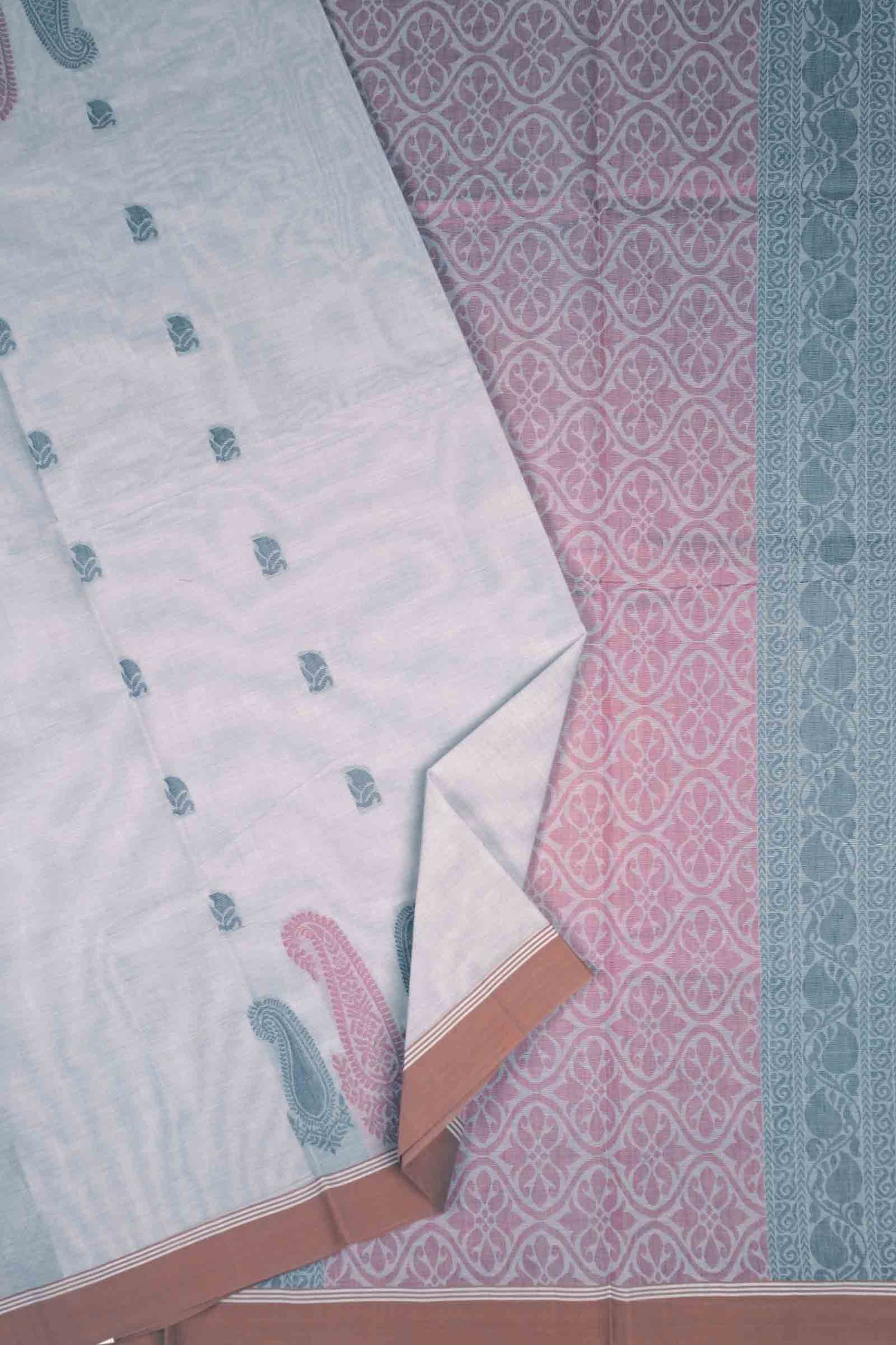 Light Grey Pure South Cotton Paisley Butta Saree